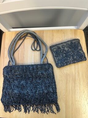Stunning  Dark Gray Beaded Evening Bag with Matching Beaded Wallet